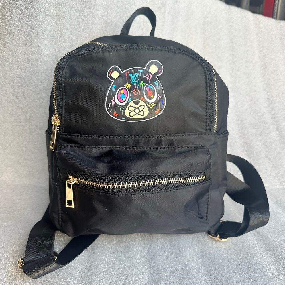 NWT Graffiti Bear Mini Backpack Black Nylon Gold Hardware Kawaii Streetwear